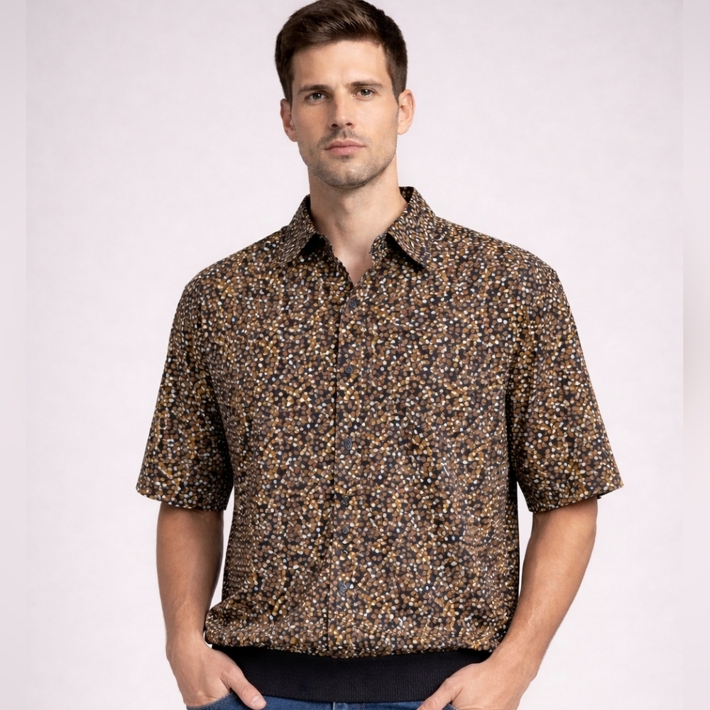 #1762Alan Stuart VTG Kurt Cobain Style Grandpa Core Polo Brown W White Dots Sz M